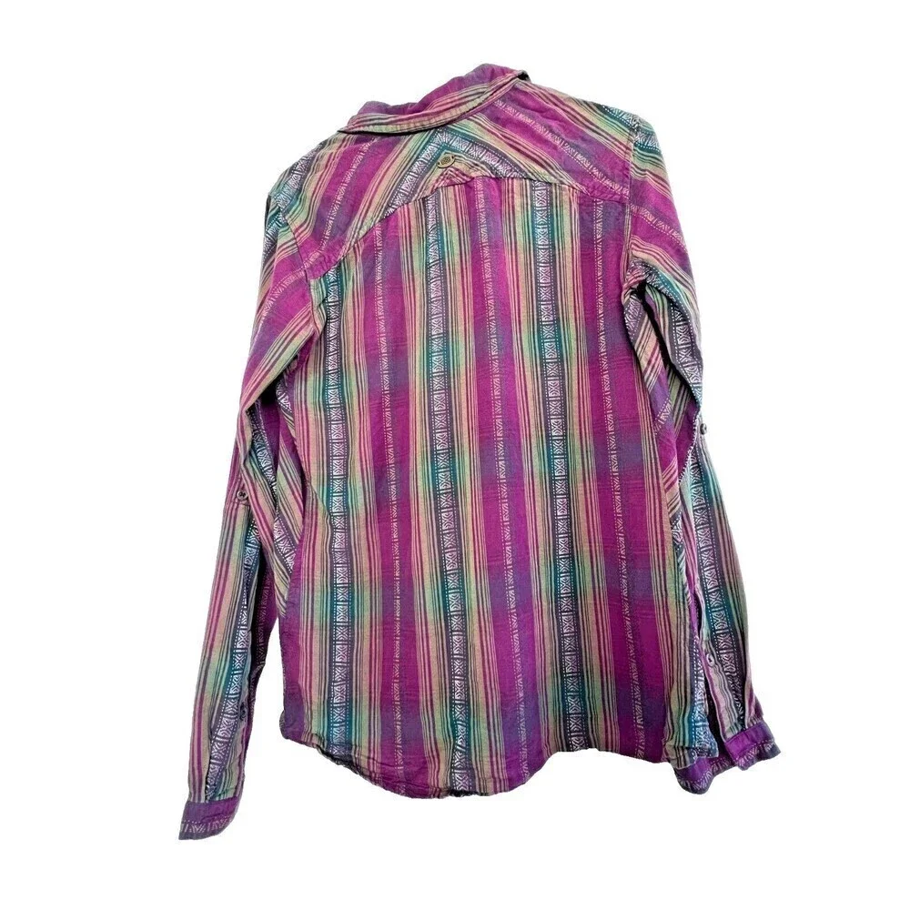 Chic print button down colored plaid casual shirt mens long sleeve outdoor Sz M.
